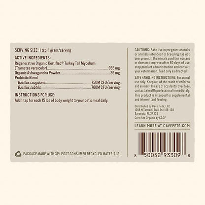 Super Blend Powder, Mushroom Mycelium and Dog Probiotic Supplement for Brain and Digestive Health, Turkey Tail & Probiotics, 90 Servings
