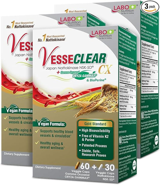 LABO Nutrition VesseCLEAR CX: Nattokinase NSK-SD + Gamma Oryzanol for Clean Blood Vessel & Healthy Ageing, Japan's Most Clinically Studied, For Healthy Cholesterol, Heart, Vegan, Acid-Resistant, 60sx3