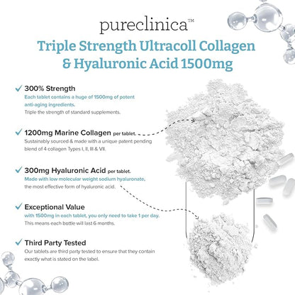 pureclinica 1500mg UltraColl Collagen (1200mg) and Hyaluronic Acid (300mg) x 180 Tablets - 6 Months Supply