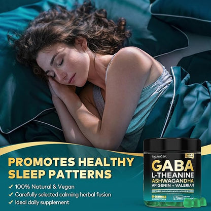 GABA L-Theanine Gummies Natural Stress Relief Supplement - Calm, Sleep, Relaxation & Mood Support, Magnesium, Vitamin B6, Ashwagandha, Apigenin, Non-Habit Forming Sugar free Gummy, Blueberry Flavor