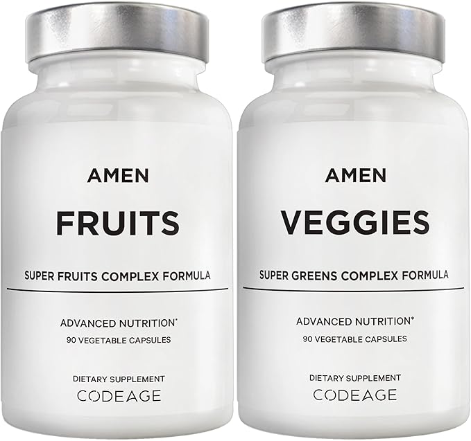 Amen Fruits + Veggies Vitamins Bundle, Raw Whole Food Multivitamin Capsules, Greens Vegetables, Red Fruits & Berries Vegan Blend, Fibers + Phytonutrients Superfood Minerals Supplement, Non-GMO, 180 ct