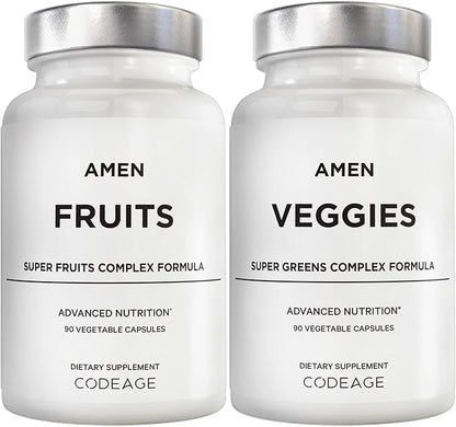 Amen Fruits + Veggies Vitamins Bundle, Raw Whole Food Multivitamin Capsules, Greens Vegetables, Red Fruits & Berries Vegan Blend, Fibers + Phytonutrients Superfood Minerals Supplement, Non-GMO, 180 ct