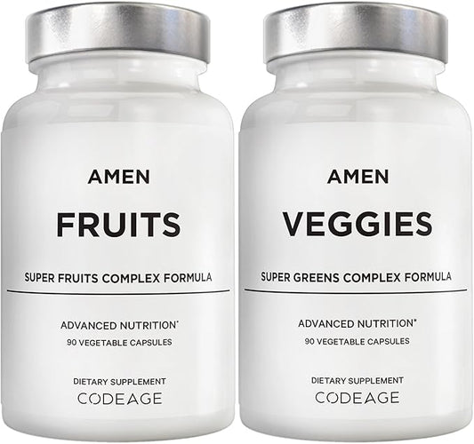 Amen Fruits + Veggies Vitamins Bundle, Raw Whole Food Multivitamin Capsules, Greens Vegetables, Red Fruits & Berries Vegan Blend, Fibers + Phytonutrients Superfood Minerals Supplement, Non-GMO, 180 ct
