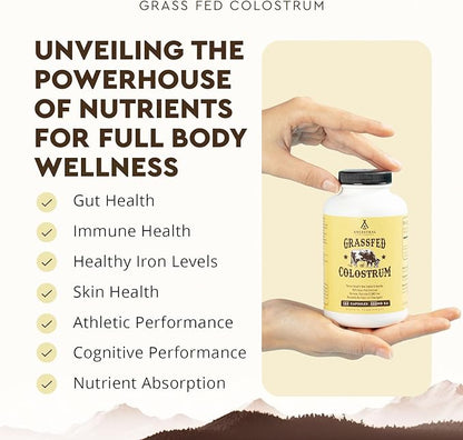 Ancestral Supplements Grass Fed Beef Colostrum Supplement, 3000 mg, Offers Immune Support and Promotes Gut Health, Athletic Performance, Healthy Iron Levels, Growth and Repair, Non GMO, 180 Capsules