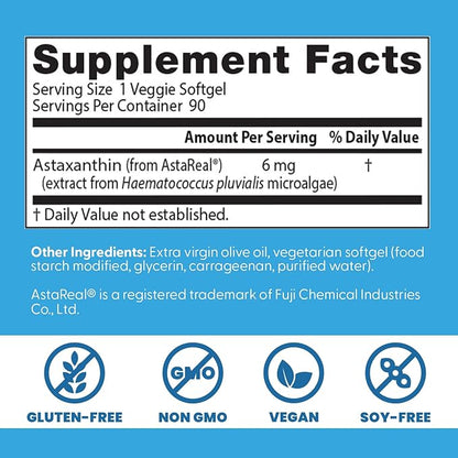 Doctor's Best Astaxanthin, Powerful Antioxidant, Skin, Eye Health, Non-GMO, Gluten Free, Vegan, Soy Free, 6 mg, 90VSG