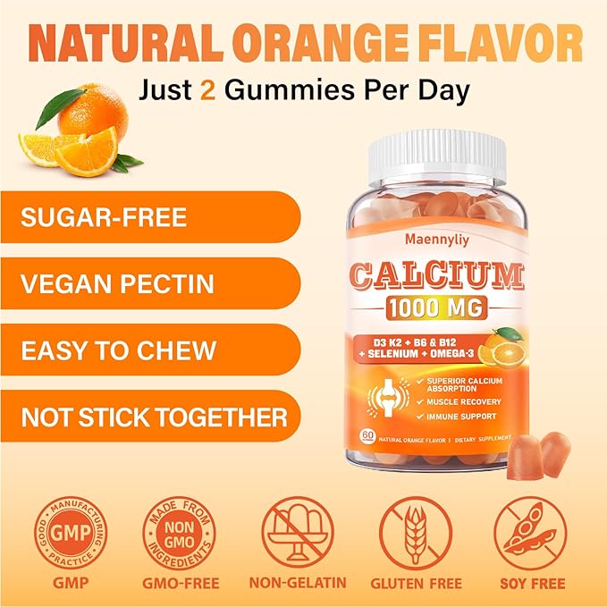 Calcium Citrate 1000 mg Supplement Gummies - Chelated Calcium Gummies Plus Vitamin D3, K2, B6, B12, Magnesium, Zinc, Boron, Selenium & Omega-3 - Support B0ne Muscle Immune for Adults 60 Count