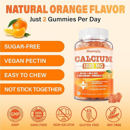Calcium Citrate 1000 mg Supplement Gummies - Chelated Calcium Gummies Plus Vitamin D3, K2, B6, B12, Magnesium, Zinc, Boron, Selenium & Omega-3 - Support B0ne Muscle Immune for Adults 60 Count