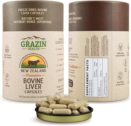 Grass Fed Beef Liver from New Zealand - Freeze Dried 3000mg per Serving (500mg per Capsule) (30 Servings)