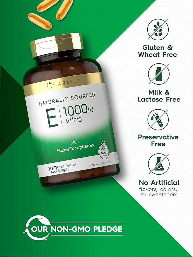 Carlyle Vitamin E with Mixed Tocopherols | 1000 IU | 120 Softgels | Naturally Sourced Supplement | Non-GMO and Gluten Free Formula