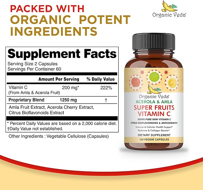 Organic Veda Superfruits Vitamin C Capsule with Acerola Cherry & Amla Berry - Whole Food Natural Vitamin C Supplement with Citrus Bioflavonoids for Immunity, Cellular & Skin Health - 120 Vegan Pills