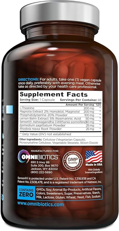 OmniBiotics Cortisol Supplement for Women and Men - High Cortisol Manager with Ashwagandha, L-Theanine, Magnolia Extract, Phosphatidylserine to Support Relaxation, Calm, Detox - 60 Vegan Capsules