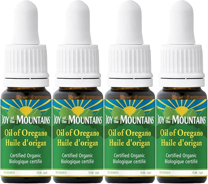 Joy of the Mountains Oil of Oregano Liquid With Dropper Cap | Wild Mediterranean, Certified Organic Oil of Oregano | 10ml - 0.34 fl. oz. Liquid per bottle (Pack of 4 Bottles)