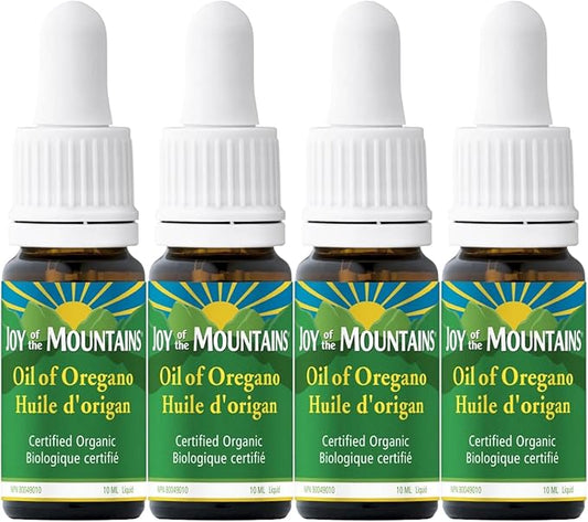 Joy of the Mountains Oil of Oregano Liquid With Dropper Cap | Wild Mediterranean, Certified Organic Oil of Oregano | 10ml - 0.34 fl. oz. Liquid per bottle (Pack of 4 Bottles)