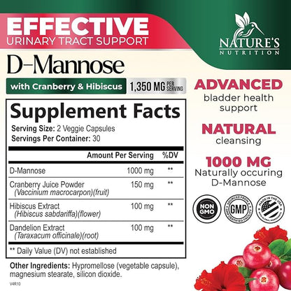 DMannose Pills with Cranberry 1350mg Advanced Formula - Effective Natural Bladder, Urinary Tract Health Support, Flush Impurities - D Mannose Supplements for Women & Men, Non-GMO, Vegan - 60 Capsules