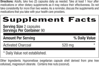 Country Life Activated Organic Coconut Charcoal Capsules, 260mg – Natural Charcoal Supplement for Gas and Bloating Relief, Gluten-Free, 180 Vegan Capsules