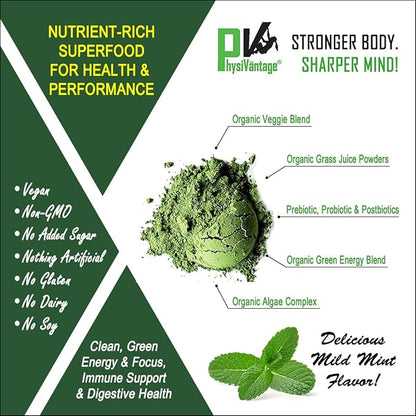 PhysiVantage Greens Superfood Powder with Prebiotic Fiber, Probiotics, Post-biotics, Spirulina, Chlorella - Vegan - Energy, Focus, Immune Support, Gut Health - Delicious Mild Mint Flavor - 25 Servings