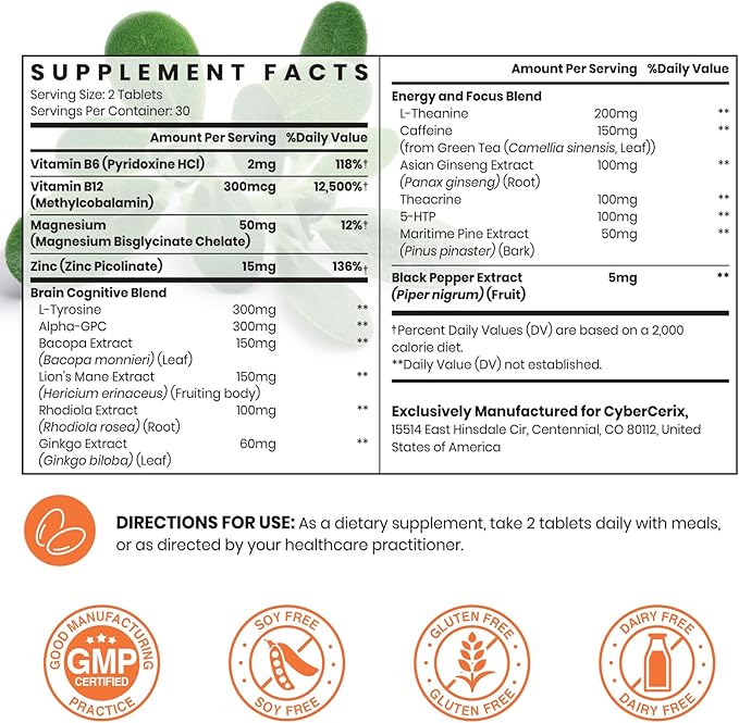 17-in-1 Brain Supplement for Memory and Focus - Nootropic Brain Supplement for Concentration, Clarity, Energy & Focus - Natural Caffeine Blend with Vitamins, Amino Acids & Herbal Extracts - 60 Tablets