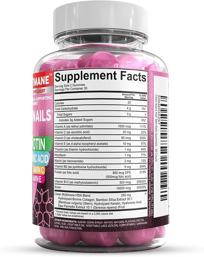 Multimane Collagen Gummies with Biotin Keratin Hyaluronic Acid Bamboo Vitamin A C Vitamin D Vitamin E Folate Saw Palmetto Silica B3 Vitamins Hair Skin and Nails Gummies by Clean Nutra