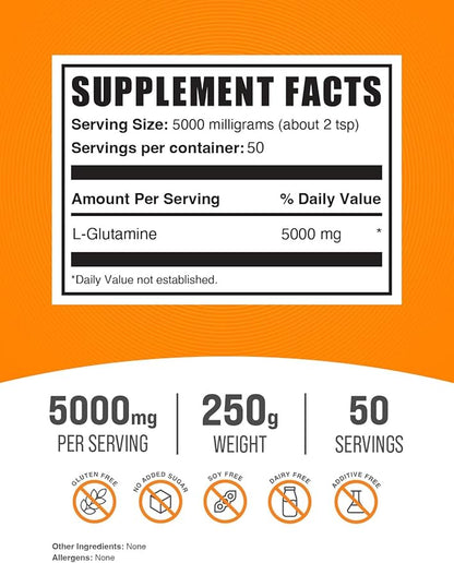 BulkSupplements.com L-Glutamine Powder - Glutamine Supplement, for Recovery & Gut Health - Unflavored & Gluten Free, 5g (5000mg) per Serving, 250g (8.8 oz) (Pack of 1)
