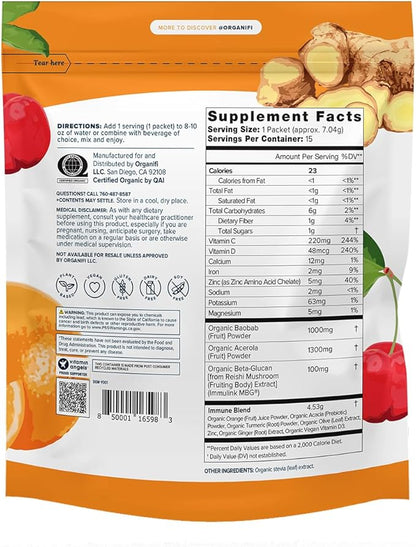 Organifi Immunity - Organic Superfood Immunity Support - 15 Single Serve Packets - Immunity Powder for T Cell Production and Upper Respiratory Health - Mushroom Beta Glucans, Vitamin C, D and Zinc