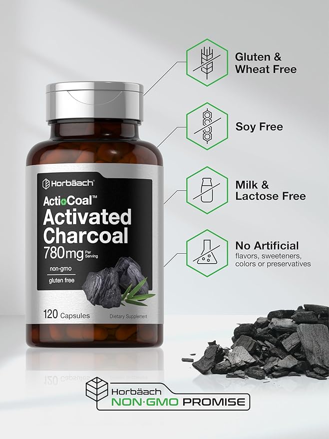 Horbäach Charcoal Pills 780mg | 120 Capsules | Activated Charcoal from Coconut Shells | Non-GMO and Gluten Free | Acti-Coal