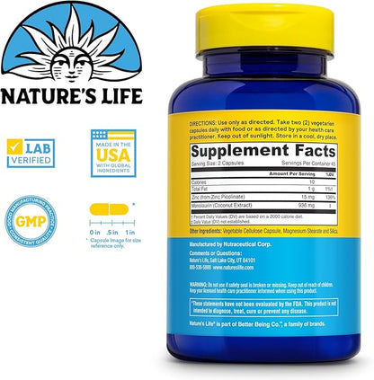 Nature's Life Monolaurin Plus Zinc Immune Support Supplement - 936mg Monolaurin from Raw Coconuts, Zinc 15mg, Supports Gut Health, Balanced Gut Flora, 60-Day Guarantee, 45 Serv, 90 Vegetarian Capsules
