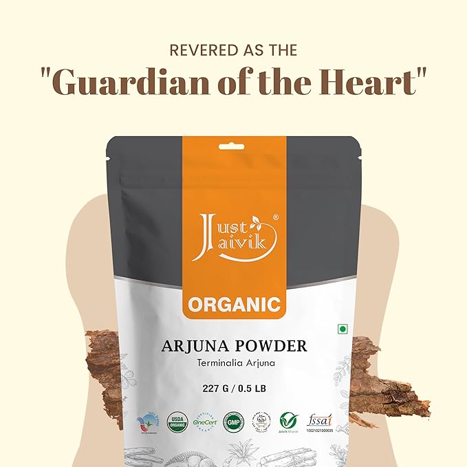 Just Jaivik 100% Organic Arjuna Bark Powder (Terminalia Arjuna) 1/2 LB, 08 oz, 227g USDA Certified Organic- Biodegradable Resealable Zip Lock Pouch Traditional rejuvenative and Tonic for The Heart*