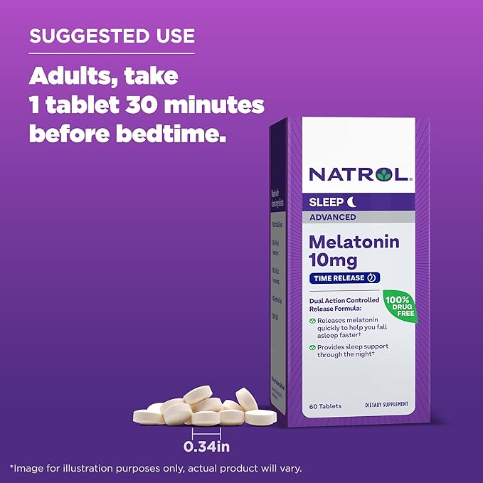 Natrol Sleep Advanced Melatonin Time Release Tablets, Nighttime Sleep Aid, 10mg, 60 Count (Pack of 2)