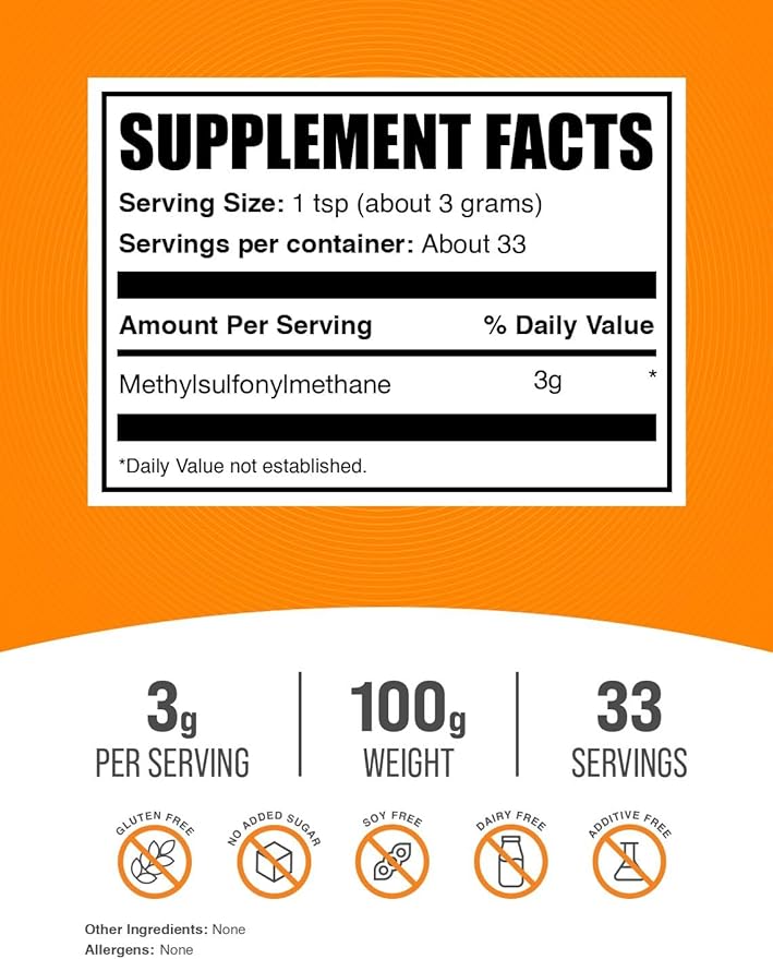 BulkSupplements.com MSM Powder - Methylsulfonylmethane, MSM Supplement, Nutritional Supplement - Gluten Free, 3g per Serving, 100g (3.5 oz) (Pack of 1)
