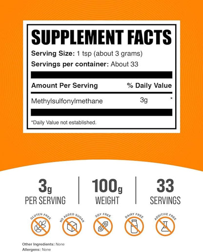 BulkSupplements.com MSM Powder - Methylsulfonylmethane, MSM Supplement, Nutritional Supplement - Gluten Free, 3g per Serving, 100g (3.5 oz) (Pack of 1)