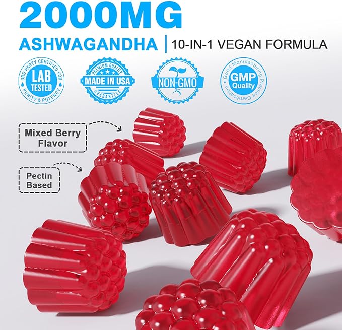Ashwagandha Gummies 2000mg for Women Men - Sugar Free, Vegan - Organic Ashwagandha Root Supplements Gummy & Vitamin D3, 120 Count
