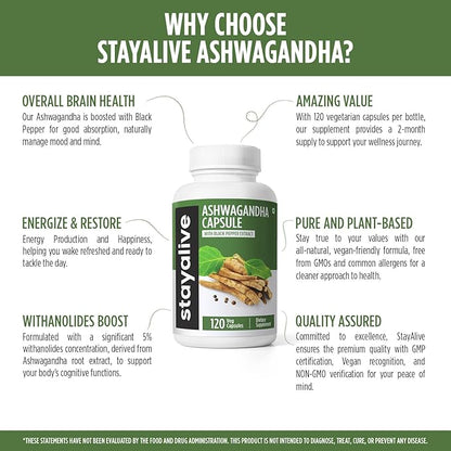 STAY ALIVE Ashwagandha with Black Pepper, 10:1 Extract, 120 Pills, 100% Pure Root Powder, Extra Strength Capsules, Non-GMO & Gluten Free Ashwagandha Supplements for Women and Men
