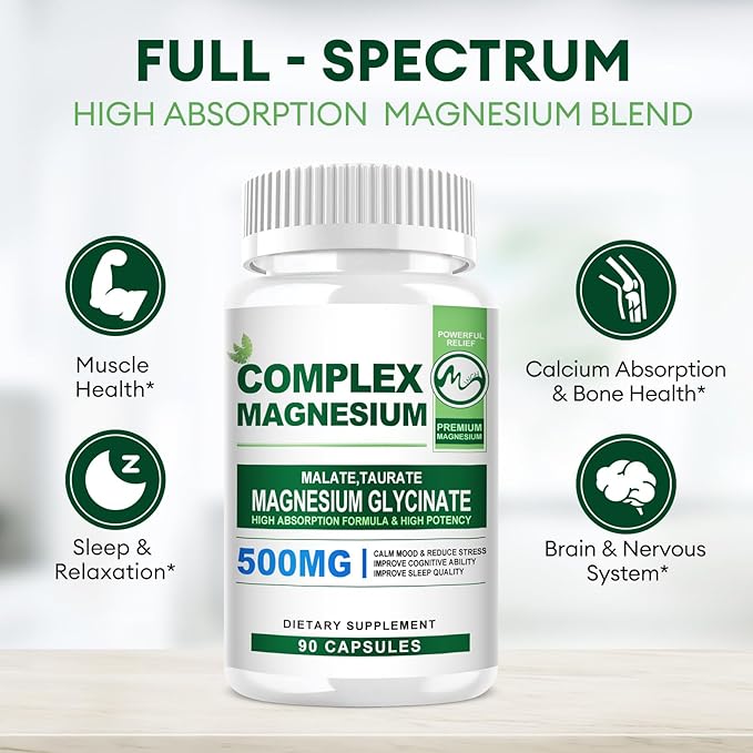 2 Pack Magnesium Complex Capsules 500MG, Blend with Magnesium Glycinate, Taurate, Malate - 180 Capsules