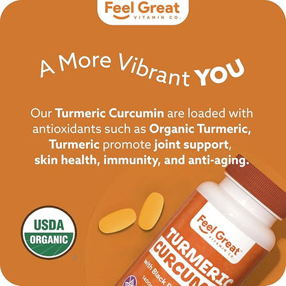 Organic Turmeric Curcumin with Organic Black Pepper 1400 mg - 95% Standardized Curcuminoids & Black Pepper Extract for Better Absorption & Potency - Joint Support - 60 Count