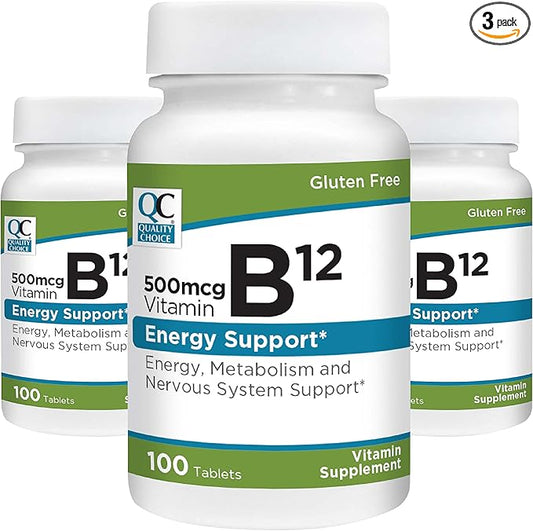 Quality Choice Vitamin B12 500 MCG, Energy, Metabolism, & Nervous System Support Supplement 100 Count Bottle of Tablets (3 Pack)