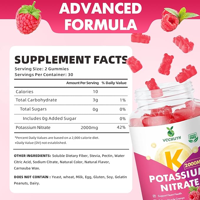 Potassium Gummies for Women & Men, High Dose Potassium Supplement 2000mg Supports Muscle Cramps & Electrolyte Balance, Raspberry Flavor 120 Count