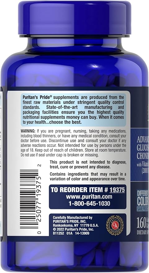 Puritan's Pride Advanced Glucosamine Chondroitin MSM with Vitamin D3 50mcg (2000 IU), Dietary Supplement for Joint Health, 80 Servings, 160 Coated Tablets