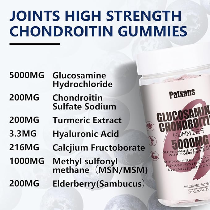 1Pack 5000MG Glucosamine Chondroitin Gummies with MSM & Elderberry Extra Strength - Joint Support, Antioxidant Immune Support Supplement for Adults, Men & Women, Blueberry Flavor, 60 Count.