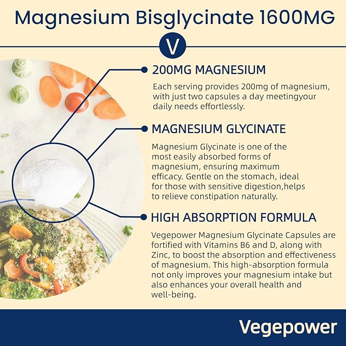 Magnesium Glycinate 200mg, High Absorption Vegan Magnesium Supplement, Fully Chelated Magnesium Zinc Vitamin D & B6, Magnesium Bisglycinate for Sleep, Bone & Muscle Health, Nerve, Non-GMO, 90 Capsules