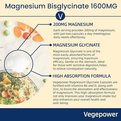 Magnesium Glycinate 200mg, High Absorption Vegan Magnesium Supplement, Fully Chelated Magnesium Zinc Vitamin D & B6, Magnesium Bisglycinate for Sleep, Bone & Muscle Health, Nerve, Non-GMO, 90 Capsules