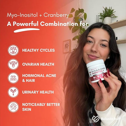 Inositol Supplement for Women | Myo-Inositol & D- Chiro Inositol Plus Folate and Vitamin D and Cranberry | Ideal 40:1 Ratio | Vitamin B8 - Powder - 30 Day Supply