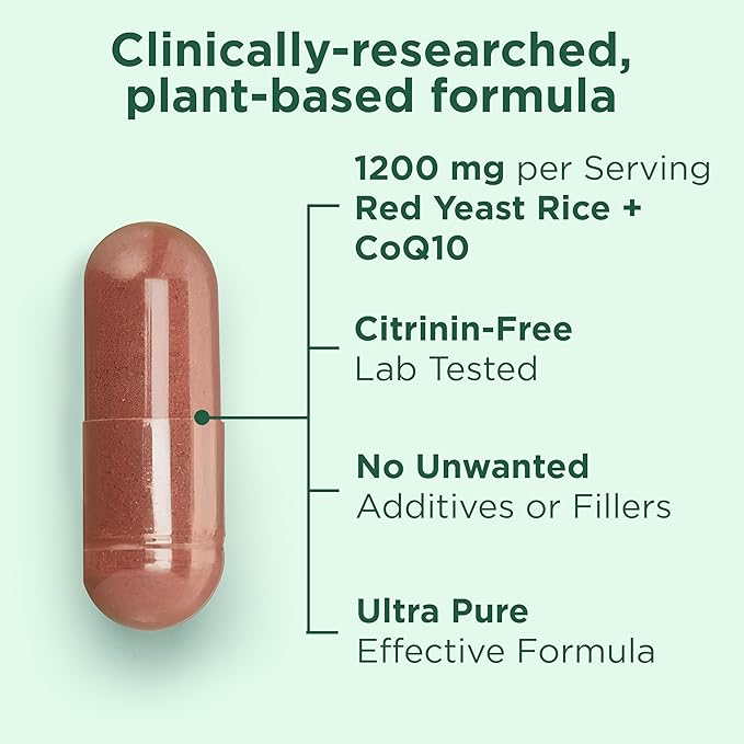 100% Natural Red Yeast Rice 1200 mg with CoQ10 100 mg, 2 in 1, Maintain Healthy Cholesterol Levels - 120 Veggie Capsules