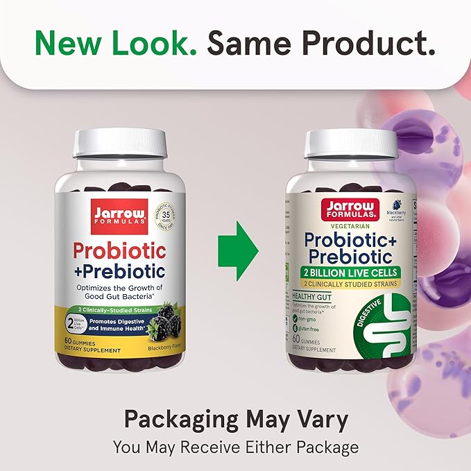 Jarrow Formulas Probiotic+ Prebiotic 2 Billion Live Cells Supplement, Digestive Health and Immune Support, 60 BlackBerry Flavor Probiotic+ Prebiotic Gummies, 30 Day Supply
