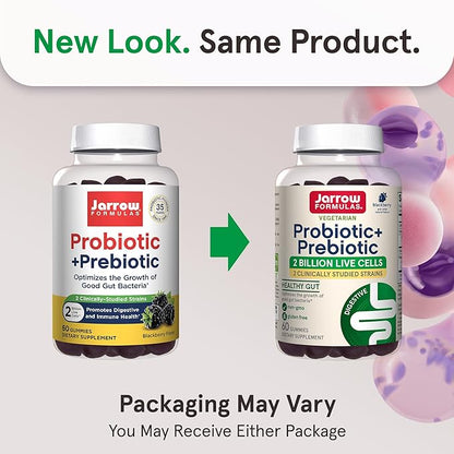 Jarrow Formulas Probiotic+ Prebiotic 2 Billion Live Cells Supplement, Digestive Health and Immune Support, 60 BlackBerry Flavor Probiotic+ Prebiotic Gummies, 30 Day Supply