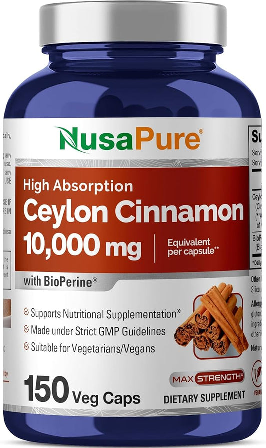 NusaPure Ceylon Cinnamon 10,000mg Per Caps | 150 Veggie Capsules | Non-GMO, Vegan with Bioperine