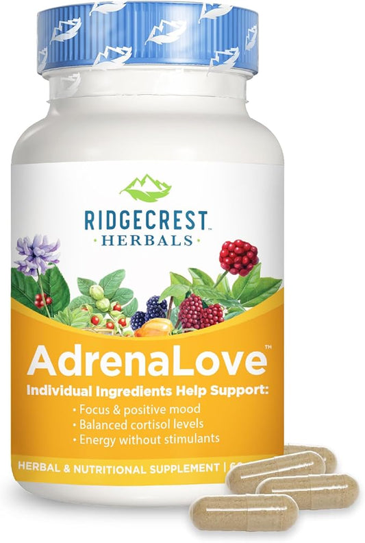 Ridgecrest Herbals AdrenaLove, Stress and Energy Support Supplement with Ashwagandha, L-Theanine, Ginseng, Schisandra, Taurine, Holy Basil, Adaptogens, B Vitamins (60 Vegan Caps, 30 Serv)
