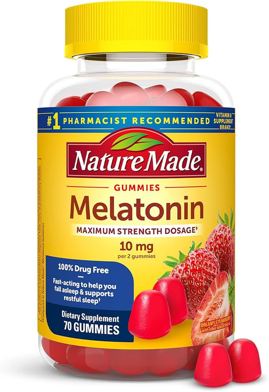 Nature Made Melatonin 10mg per serving Gummies for Adults, Maximum Strength Dosage Sleep Aid, 100% Drug Free, 70 Count Melatonin Gummies, 35 Day Supply