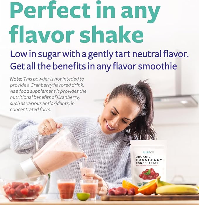 USDA Organic Cranberry Concentrate (50:1) Powder - 500mg is Equivalent to 25,000mg of Fresh Cranberries - for Kidney Cleanse & UTI Support Vitamins - Women - Supplement - 100 Servings - No Pills