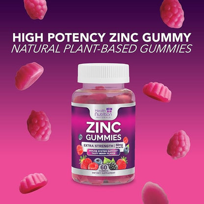 Zinc Gummy for Adults 50mg, Max Strength Bone, Skin Health & Immune Support Gummies, Vegan, Non-GMO & Gluten Free, Immune Health Support, Nature’s Antioxidant Chewable Zinc Vitamins - 60 Gummies