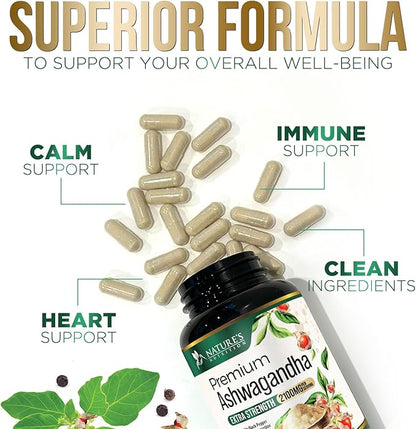 Herbal Ashwagandha 2,100 mg - Extra Strength Unwind, Calm & Relax Support with Black Pepper - Natural Focus & Energy Support - Ashwagandha Powder Supplements - Vegan, Gluten Free - 180 Capsules